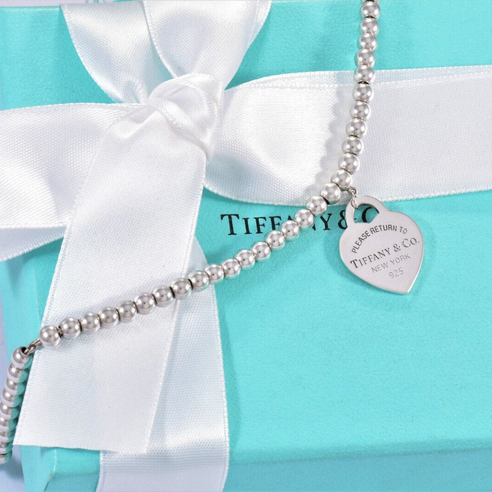Please Return To Tiffany & Co Silver Heart Pendant 18" Beaded Necklace